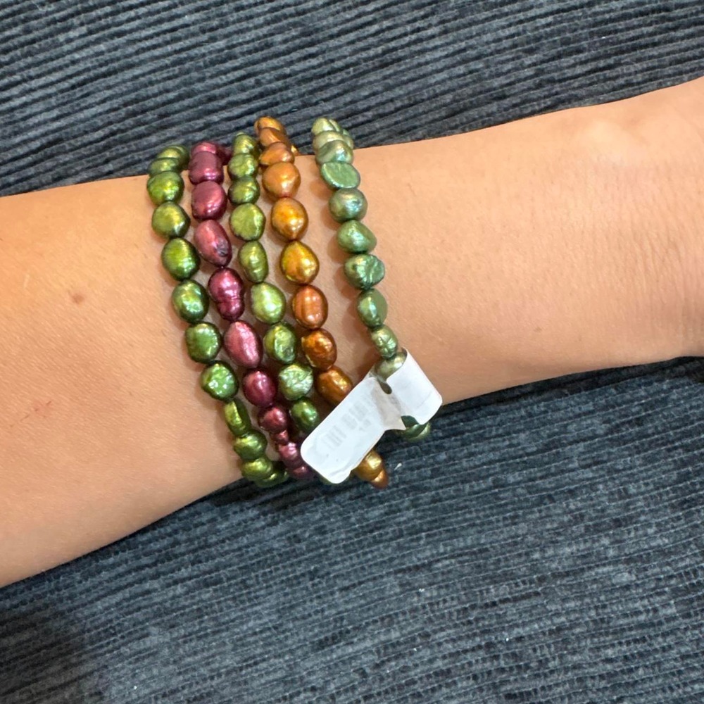 22-Multi-colored pearl bracelet with green, pink, and gold beads